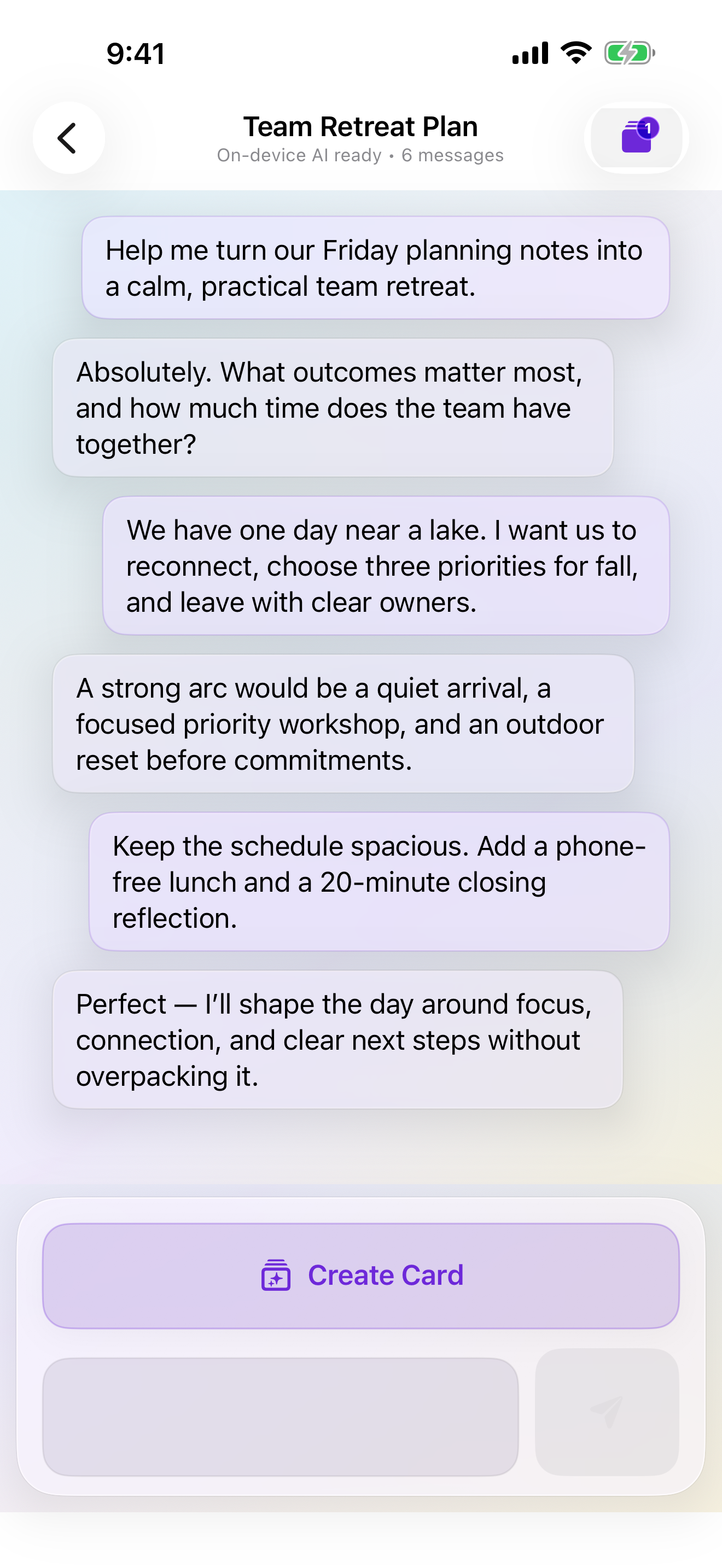 StoryChat AI private on-device conversation about planning a team retreat